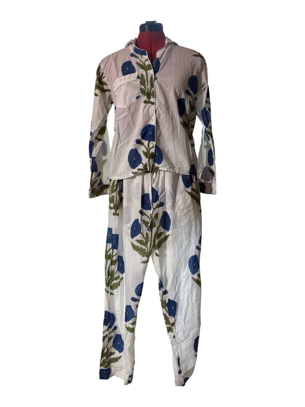 Blue Floral 100% Cotton, Indian Block Print Pajama Set - Picture 2 of 2